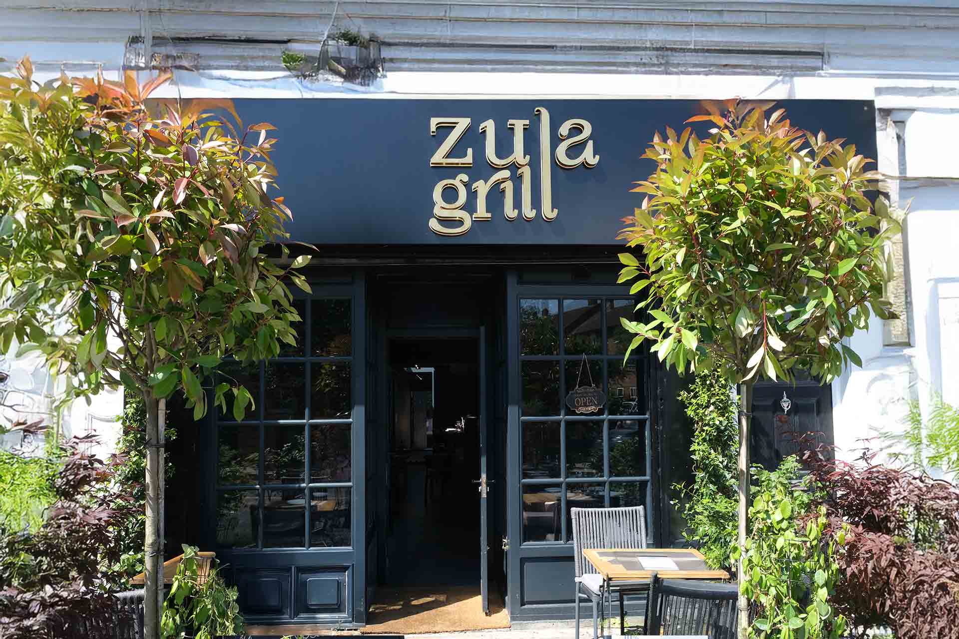Front view of Zula Grill, a stylish halal restaurant in the heart of Hackney, London.