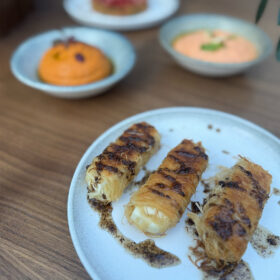 Crispy kadaifi rolls filled with warm melting cheese, a savoury starter at Zula Grill, the best Turkish restaurant in Homerton.
