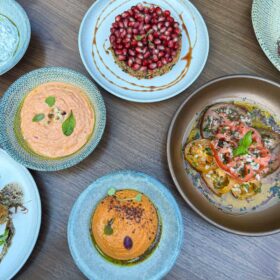 A colourful variety of traditional Turkish meze including muhammara, hummus and pomegranate salad at Zula Grill, the best Turkish restaurant in Homerton.
